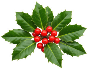 A closeup of a sprig of vibrant green holly with bright red berries, perfect for winter holiday decoration, isolated on transparent background