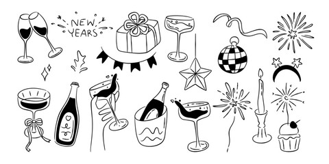 Hand-drawn New Year's Eve party doodle line art set includes champagne bottles and glasses, gift, fireworks, sparklers, and party decorations. © Illustartathome