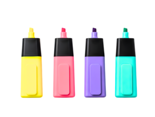 Four colorful highlighter pens isolated on transparent background