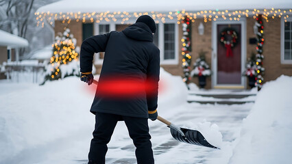 Man experiencing lower back pain while shoveling snow in winter, highlighted by red glow