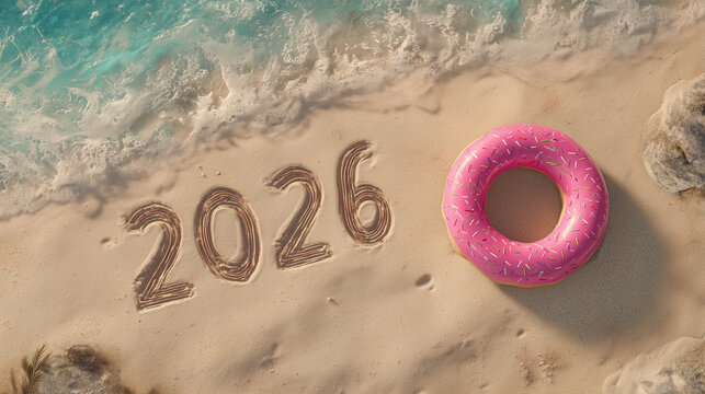 Unique beach setting with 2026 written in sand and bright float nearby - Powered by Adobe