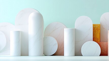 An abstract composition featuring various geometric shapes in pastel colors, creating a minimalist and modern aesthetic.