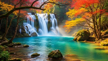 Beautiful waterfall in vibrant autumn forest with crystal clear turquoise water