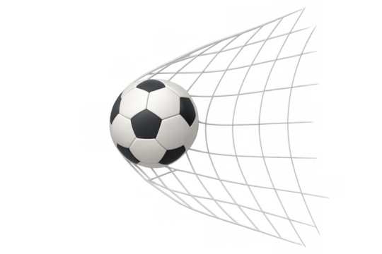 Soccer ball hitting goal net, scoring a winning point during an exciting match, representing victory and achievement - Powered by Adobe