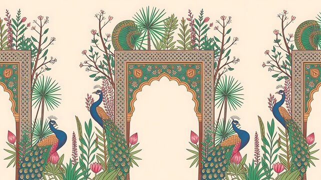 Mughal Floral Pattern with Peacock Motifs and Architectural Elements for Invitation Background