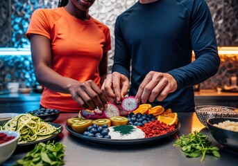 Diverse couple preparing healthy fruit superfood platter