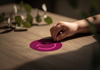 Small Child's Hand Interacting with a Purple Winking Smiley Face Sticker on a Wooden Table