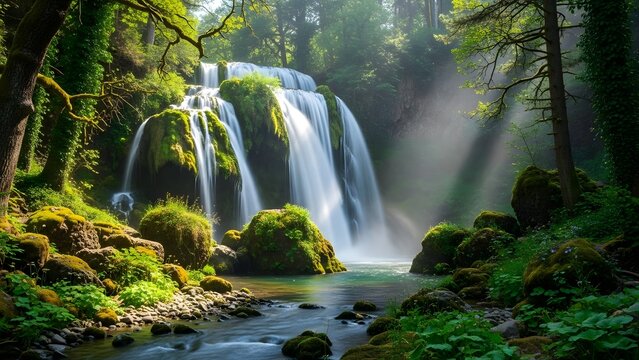 Breathtaking Waterfall cascading down mossy rocks in a lush green forest - Powered by Adobe