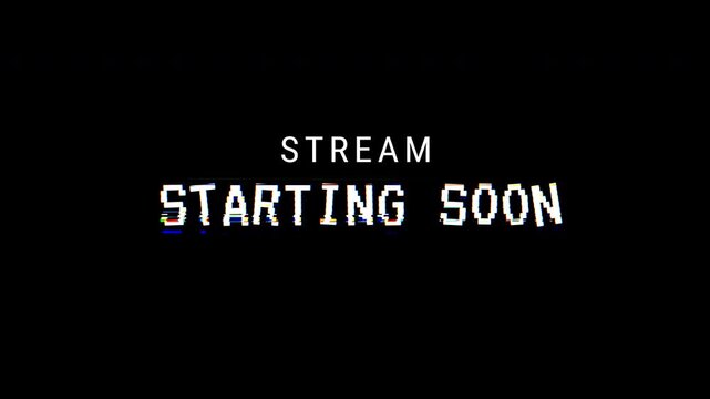 Stream Starting Soon Glitch Text Animation with Retro Pixel Art Style, Stream Starting Soon text effects for vintage gaming broadcasts. 4K video