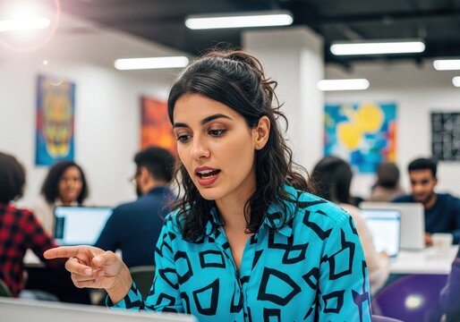 Young Woman Pointing and Engaged in Discussion During a Collaborative Office Meeting