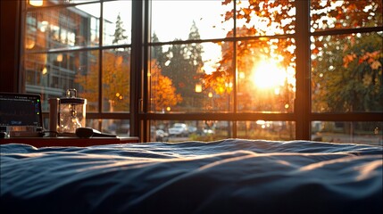 A bed with a laptop on a table in front of a window, with a warm sunset view, creating a cozy and relaxing atmosphere.
