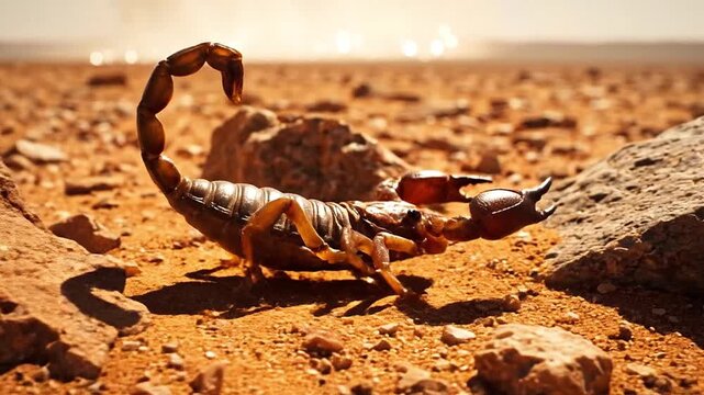 Resilient saharan scorpion traversing harsh rocky terrain quite steadily