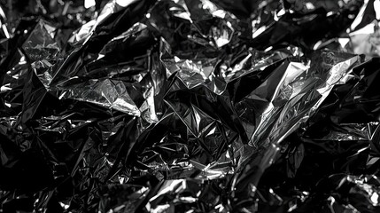 Crinkled and reflective material presents a monochromatic, abstract composition.