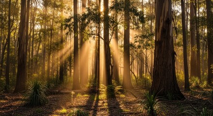 Golden sunlight streams through a tranquil forest, illuminating tall trees and casting soft shadows on the forest floor.