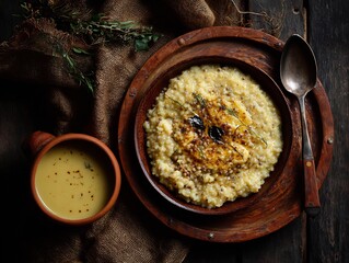 Hearty grain porridge with a side of broth