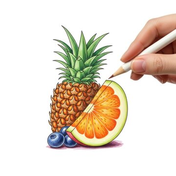 Colorful hand drawn pineapple fruit illustration with orange slice and berries