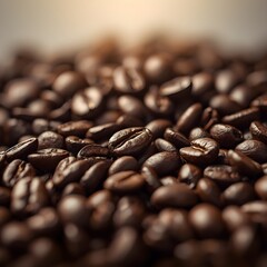 A close-up shot of premium roasted coffee beans, showcasing their rich brown tones and glossy texture.