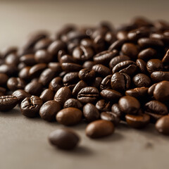 A close-up shot of premium roasted coffee beans, showcasing their rich brown tones and glossy texture.