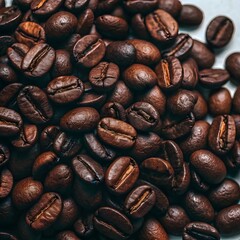 A close-up shot of premium roasted coffee beans, showcasing their rich brown tones and glossy texture.