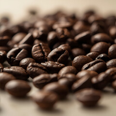 A close-up shot of premium roasted coffee beans, showcasing their rich brown tones and glossy texture.