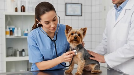 Veterinarian's gentle care: Yorkshire Terrier checkup in clean clinic