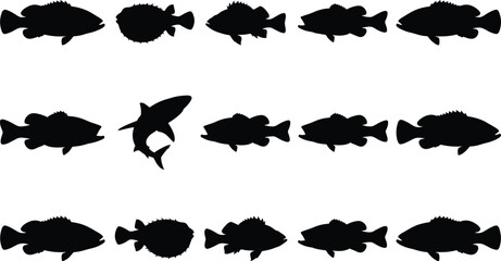 Black Silhouette Illustration of Fish Rows Featuring Odd-One-Out Visual Puzzle for Educational, Cognitive, and Marine Life Vector Use