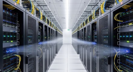 Fototapeta premium A long, narrow hallway with rows of server racks in a data center.