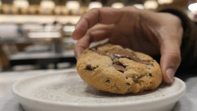 Enjoying a warm cookie and coffee in a cozy cafe