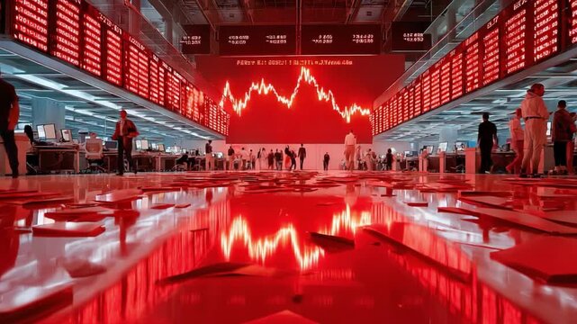 Market Meltdown: A sprawling trading floor, awash in a sea of red, symbolizes the volatile nature of the stock market. Amidst the chaos.