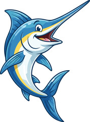 Obraz premium Cartoon marlin fish, leaping pose, cheerful expression, blue aquatic animal, marine mascot, vector illustration, ocean life, playful sea creature