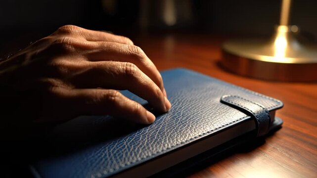 Hand Touching Blue Leather Bound Journal on Wooden Desk