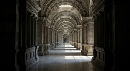 A grand, stone archway with columns and a ceiling, leading to a dark, shadowy room with a single light source.