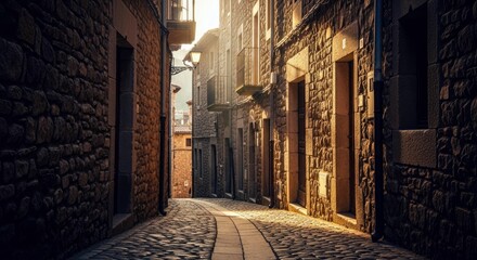 A narrow cobblestone street winds through old stone buildings, bathed in warm sunlight. The architecture suggests a European town.