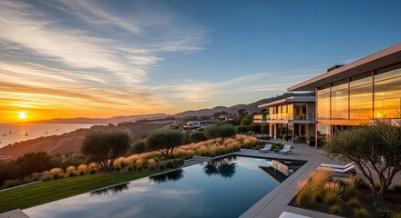 A luxurious modern house with an infinity pool overlooking a scenic ocean view at sunset.
