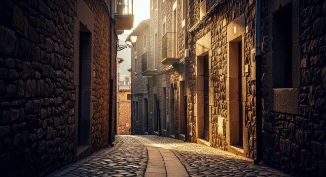 A narrow cobblestone street winds through old stone buildings, bathed in warm sunlight. The architecture suggests a European town. - Powered by Adobe