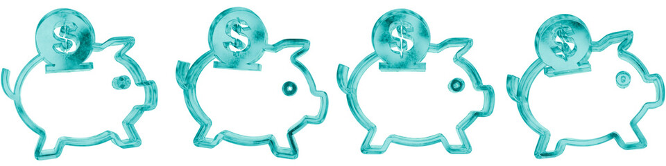 Set of four 3D piggy saving shapes in frosted blue ice glass style, isolated on a transparent background. Glassmorphism icons and 3D elements for modern graphic design.