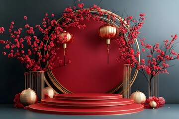 Lunar New Year product presentation podium background with traditional Chinese flowers and lanterns for advertising.