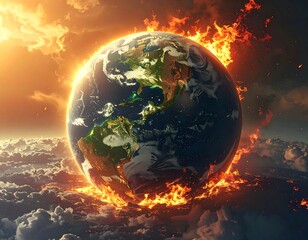 A vibrant Earth, partially engulfed in swirling flames and surrounded by thick, billowing clouds in a dramatic setting