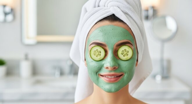 A woman with a towel on her head and a green face mask, smiling and looking at the camera.