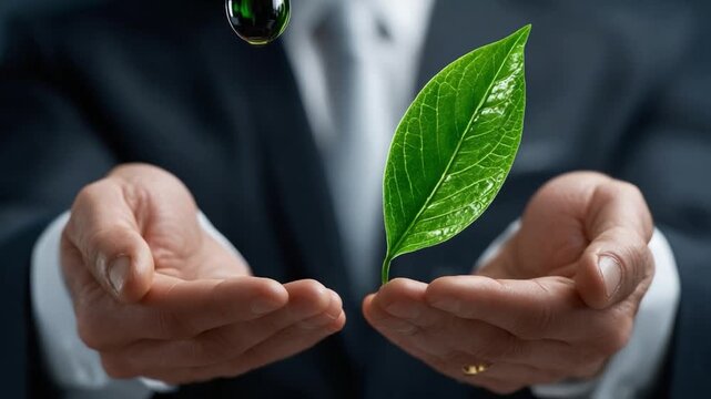 Eco-friendly growth : Close up of professional hands holding a vibrant green leaf, symbolizing sustainable business practices, environmental responsibility and a commitment to nurturing growth.