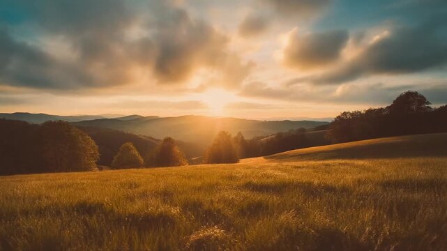 Sunset over rolling hills with golden light clouds and soft timelapse motion creating warm scenic ambience