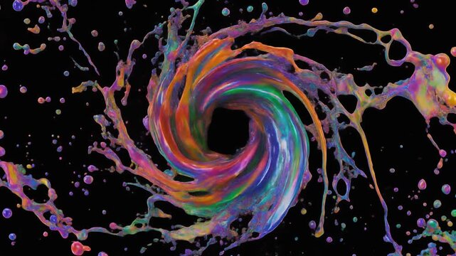 Multicolored particles spin in surreal whirlwind against black background forming mesmerizing dynamic abstract colorful animation
