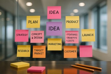 Vision Board: A colorful vision board filled with concepts, ideas, plans, and strategies, serves as a dynamic visual representation of a business's goals, market, and future direction. 