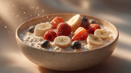 Start your day with a vibrant bowl of oatmeal topped with fresh strawberries, blueberries, raspberries, and bananas for a healthy boost today