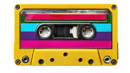 Yellow audio cassette tape with colorful striped label for retro music and vintage 80s nostalgia, transparent background