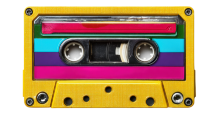 Yellow audio cassette tape with colorful striped label for retro music and vintage 80s nostalgia, transparent background