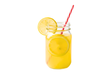 Refreshing yellow drink in a mason jar with lemon slice and straw isolated on transparent background
