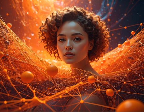 A woman with curly hair surrounded by glowing orange network nodes and abstract cosmic backdrop