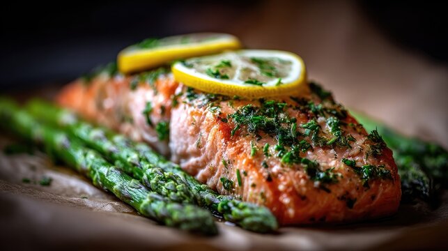 Cooked salmon dish with asparagus and lemon garnishes