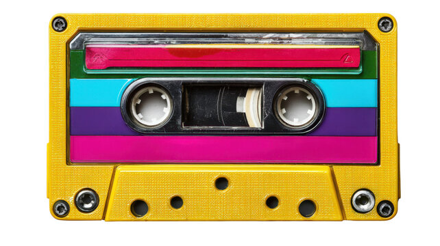 Yellow audio cassette tape with colorful striped label for retro music and vintage 80s nostalgia, transparent background